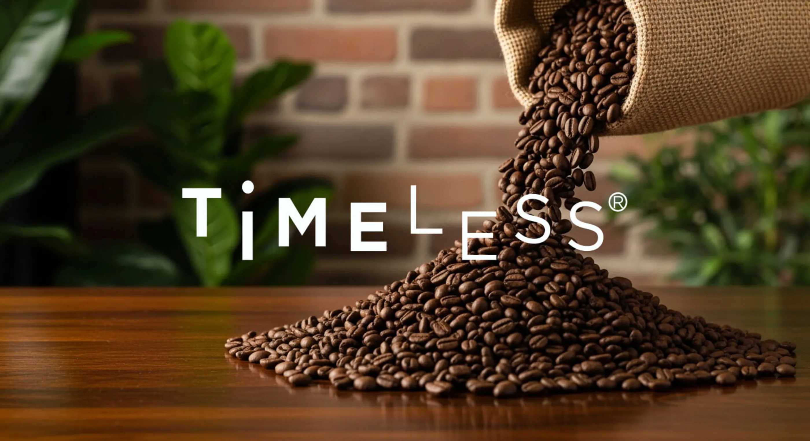 TiMELESS logo with coffee beans on table 