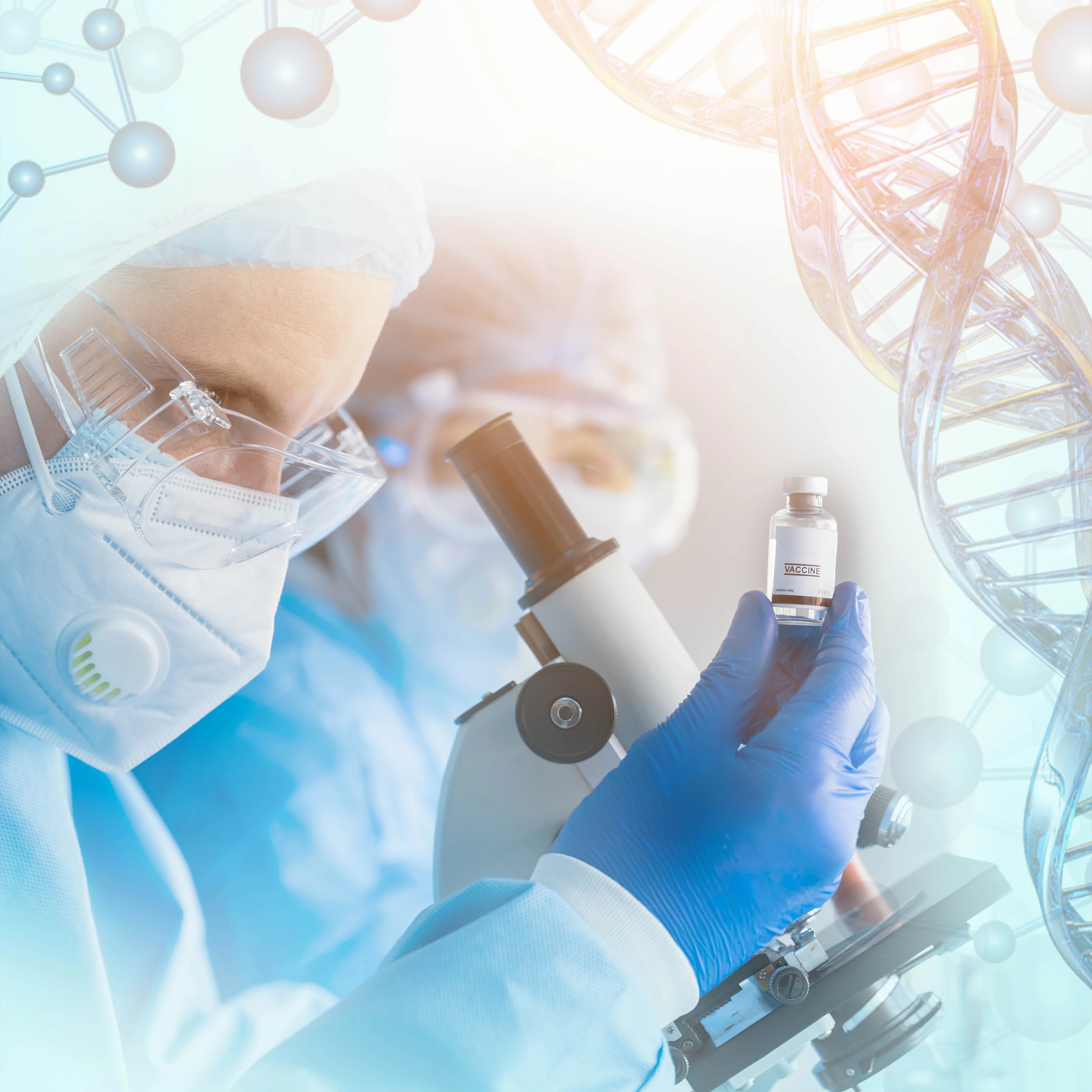 vaccine research and development background of research scientist holding vaccine bottle in hand in modern clinical laboratory with microscope overlay with DNA strand and molecules symbol in concept of vaccine research and development with light flare
