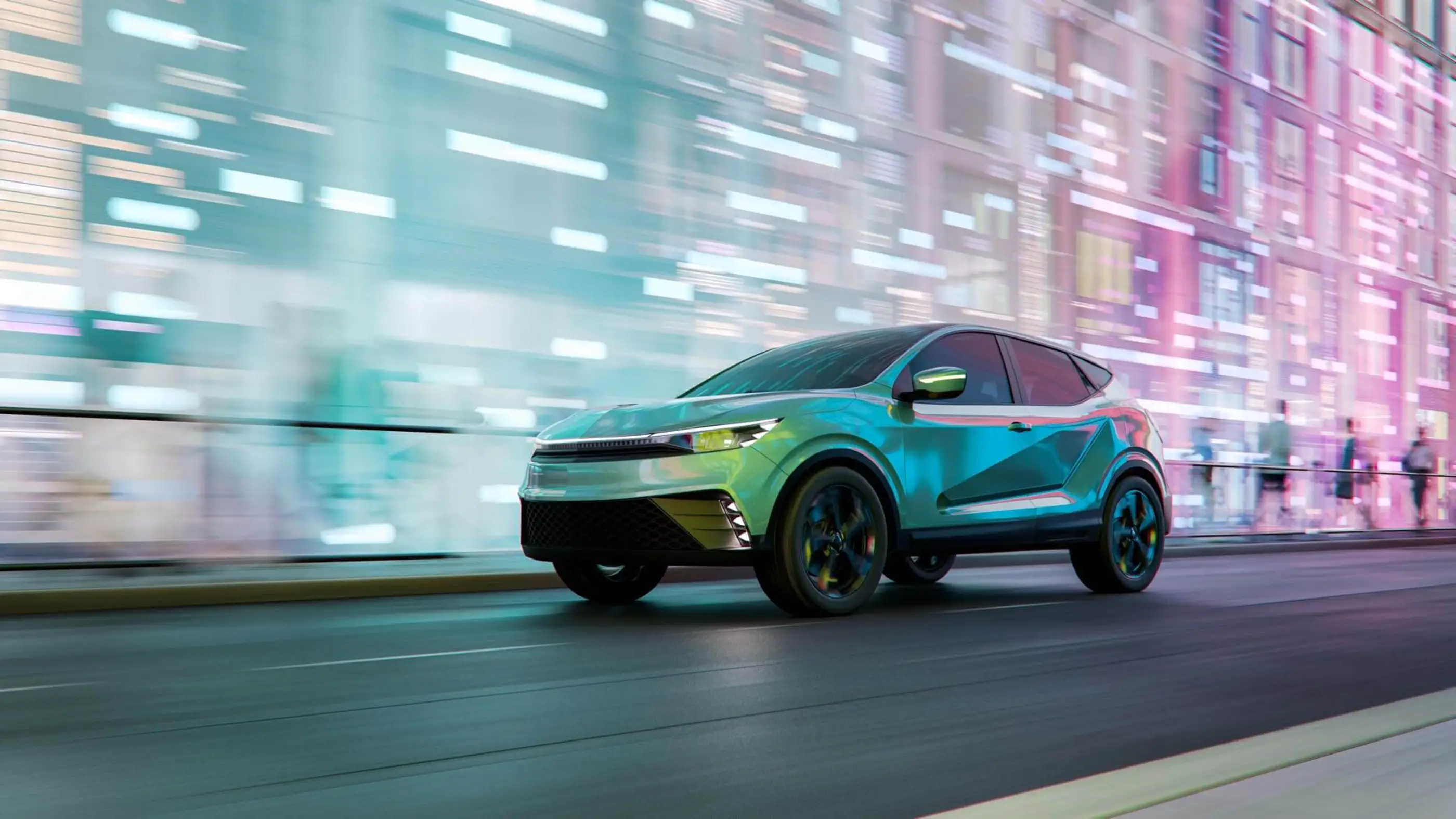 green suv with rainbow background
